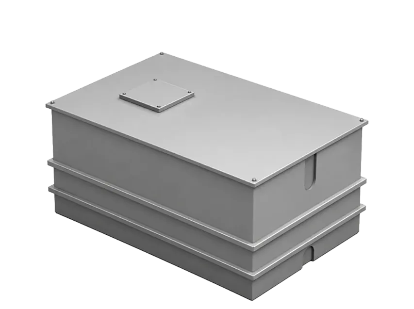 A rectangular grey water storage tank with a flat lid and side access point