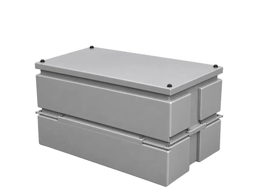 Two grey reusable block storage tanks stacked together