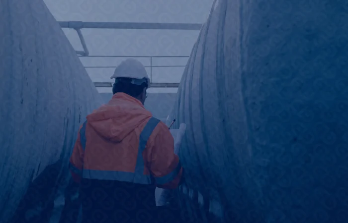 A worker in a hard hat and high-visibility jacket inspecting water storage tanks