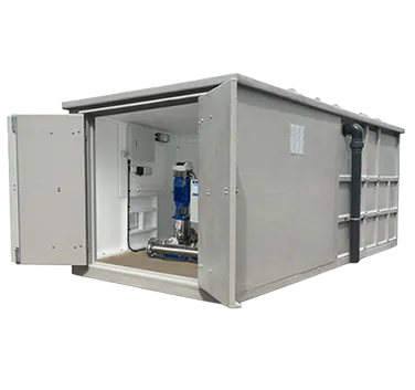 Open container showcasing a water storage unit with visible piping and equipment inside