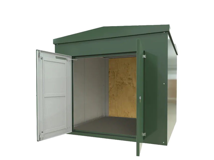 Green storage unit with an open door and a plain interior