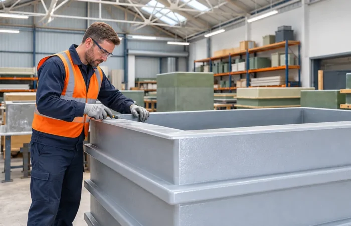 Decca technician checking a moulded GRP water tank in the factory